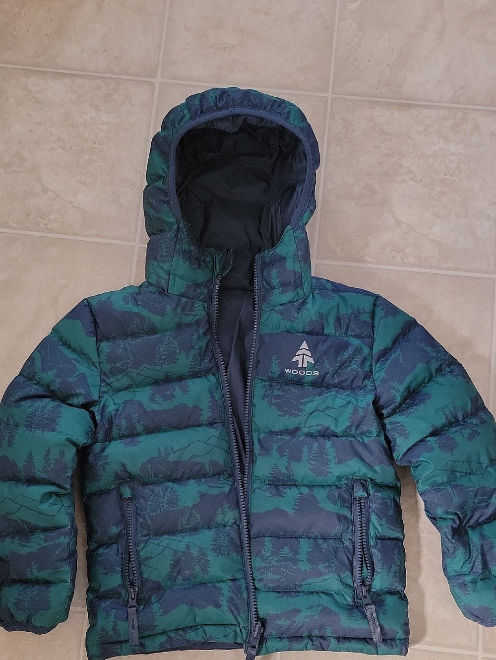 Woods Kids Hooded Puffer Jacket - Green & Navy